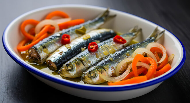 Portuguese sardine escabeche. vinegary marinated sardines with carrot and onion slices, glossy olive oil coating, colorful piri-piri peppers 