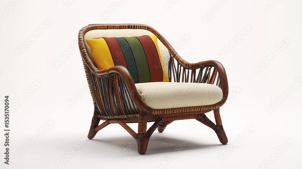 Poster stylish retro chair design with colorful fabric and unique rattan weaving suitable for modern interi