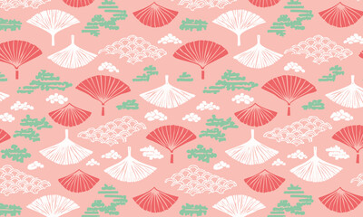 Japanese Style Ginkgo Leaf and Cloud Illustration Pattern