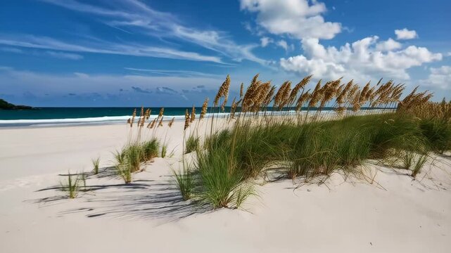 Idyllic beach landscape with sea oats swaying gently on white sand dunes under a bright blue sky with puffy clouds