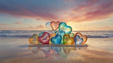 Colorful hearts on a beach at sunrise (1)