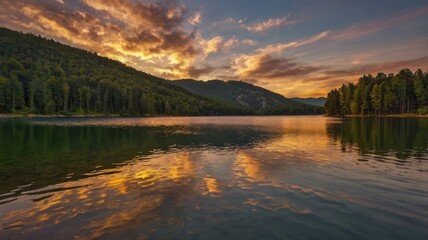 Calm lake reflecting a fiery sunset over forested mountains