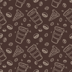 A hand-drawn coffee pattern, a pizza, a sketch in black ink, a sketch-style design made in the style of doodles.
