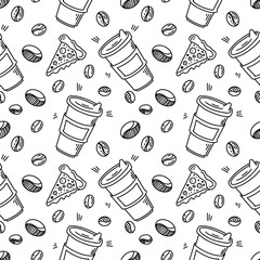 A hand-drawn coffee pattern, a pizza, a sketch in black ink, a sketch-style design made in the style of doodles.