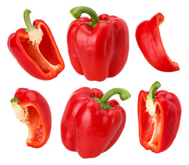 red sweet bell pepper, half and slices isolated, transparent PNG, PNG format, Pepper isolated set