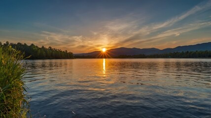 Serene sunset over a still lake