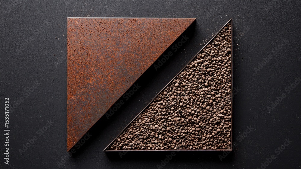 Poster unique geometric arrangement featuring textured materials in contrasting colors and patterns on a da