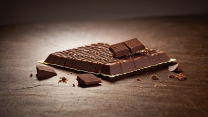 Dark chocolate bar broken into pieces on a wooden surface