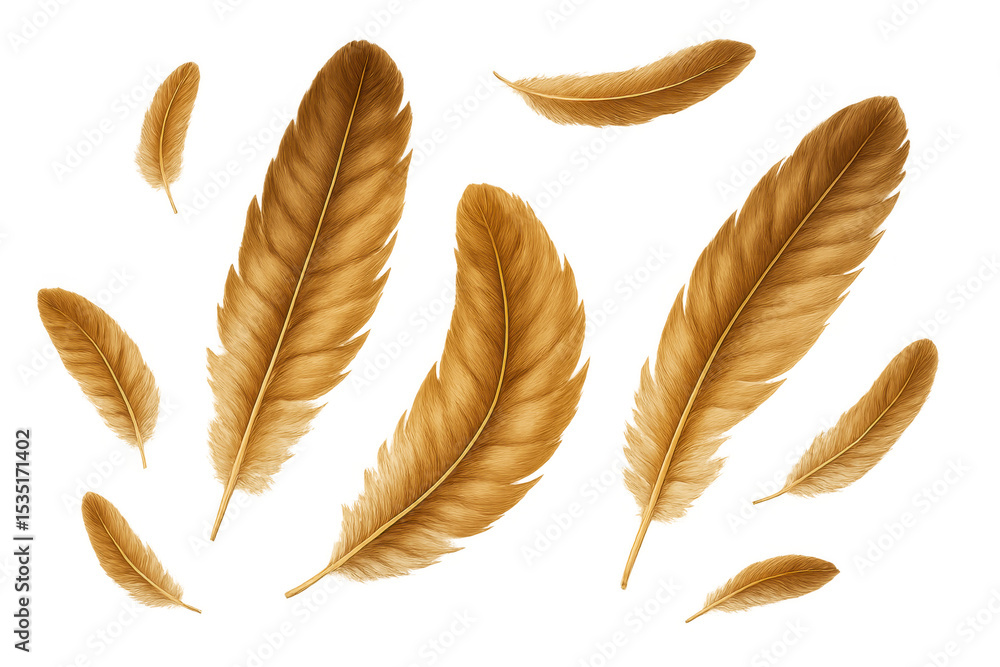 Poster realistic golden feathers are gently falling against a transparent background, creating a soft and e
