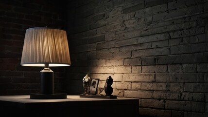 Dimly lit table lamp beside brick wall
