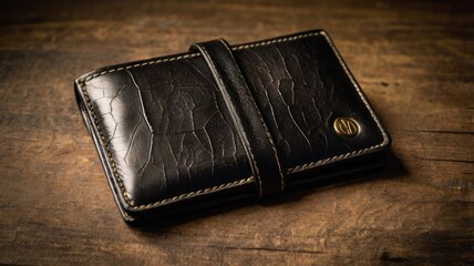 Close-up of a black leather wallet on a wooden surface