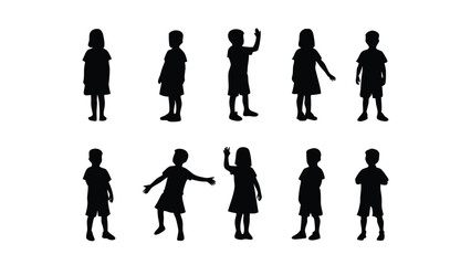 Silhouettes of Children Standing and Playing in Various Poses on White Background
