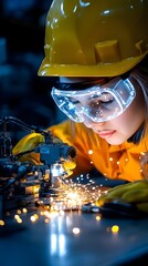 Female engineer grinding metal, factory sparks