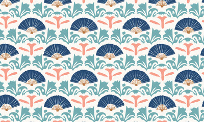 Naklejka premium Japanese Style Fan and Floral Illustration Pattern