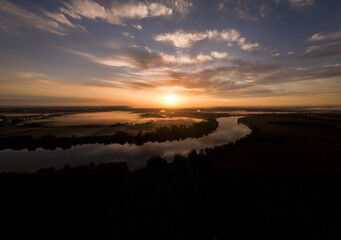 Aerial Drone view of Soane river in France in morning fog at sunrise