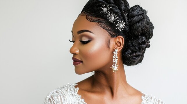 Elegant bride with intricate hairstyle and radiant makeup preparing for wedding ceremony in bright indoor setting