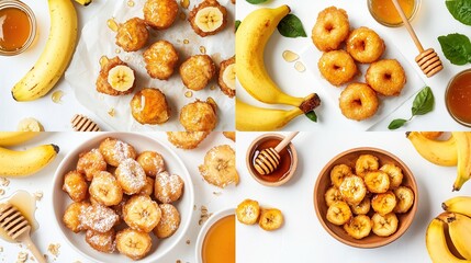 A four-panel collage showcases diverse banana fritter preparations honey-glazed, powdered-sugar-dusted, and variations in shape and presentation, accompanied by fresh bananas and honey