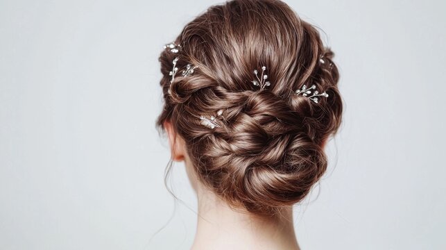 Elegant braided hairstyle styled for a formal occasion with floral accessories