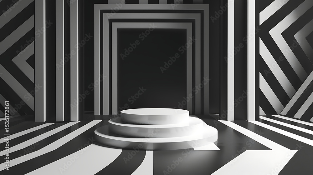 Poster a minimalist threetiered white podium stands in a modern studio with black and white geometric patte