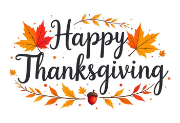 A  happy thanksgiving  greeting in elegant script surrounded by a festive arrangement of autumnal leaves small orange dots and an acorn all set against a white background
