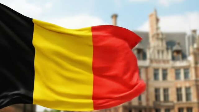 Waving Belgium flag with city background 