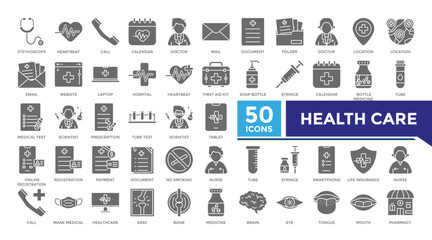 Health care solid icon set collection. This set includes stethoscope, heartbeat, doctor, hospital, medical test and more icons in 
solid style. Vector icons collection for websites and infographics