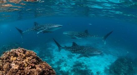 Fototapeta premium Whale Shark Swimming Underwater With Coral