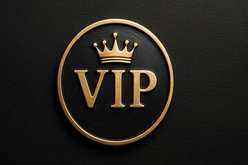 VIP golden symbol with crown on black texture background. Exclusive member icon. Very important person badge for club access.