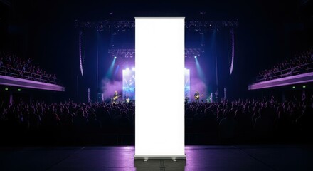 Obraz premium A blank white banner stands in front of a concert stage with audience.