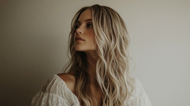 Model poses elegantly with natural light enhancing her long, wavy hair and soft features in a minimalist setting