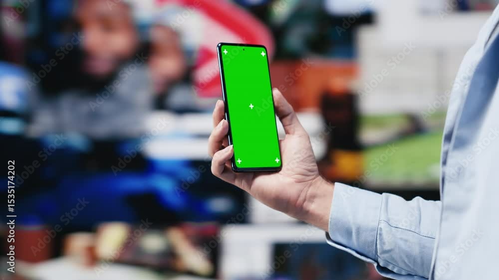 Poster male web user navigates phone with copy space for social media platforms, showcasing creativity and 