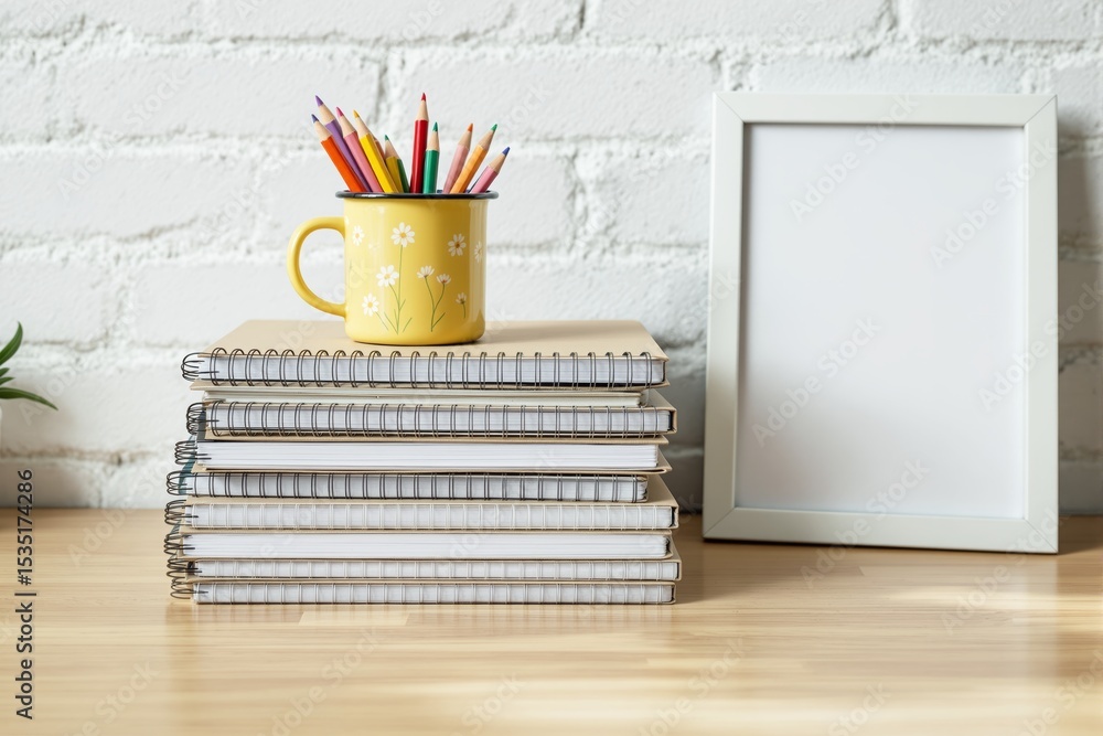 Poster stack of notebooks with a yellow mug filled with colored pencils and a blank white frame on a wooden