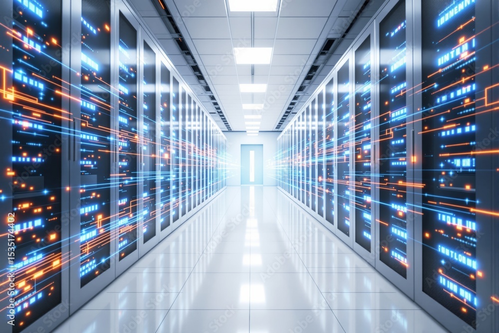 Poster futuristic data center with glowing digital connections in a bright corridor.