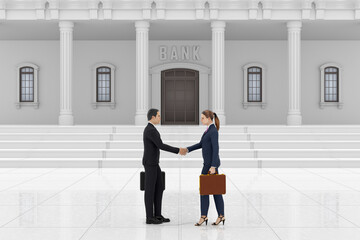 Fototapeta premium Illustrazione 3D. Di fronte ad edificio di banca o finanziario uomo d'affari e donna d'affari. Contratto, accordo, transazione finanziaria.