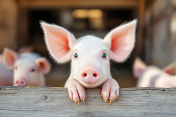 Cute piglet with big ears and bright eyes leaning on a wooden fence.