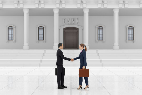 Illustrazione 3D. Di fronte ad edificio di banca o finanziario uomo d'affari e donna d'affari. Contratto, accordo, transazione finanziaria.
