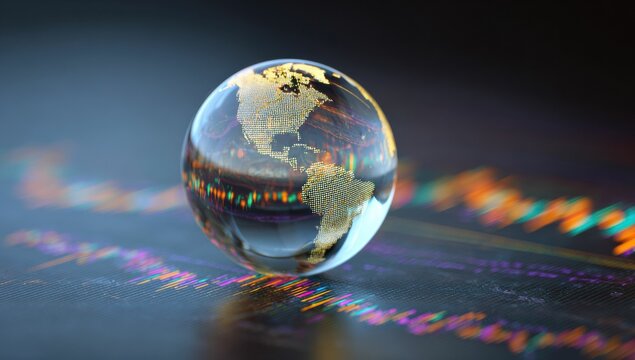A glass sphere represents a digitalized world, with the world map depicted in glowing dots, symbolizing the connection between technology and the global environment.