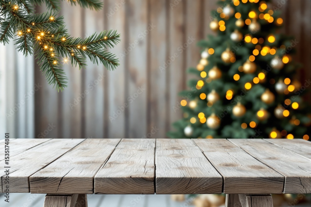 Poster empty wooden table with blurred christmas tree and glowing lights in background.