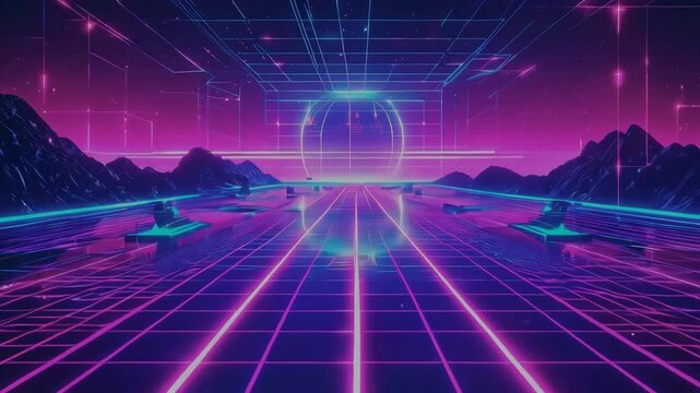 Retroscape Neon grid extends to mountains under starry, pink-purple sky