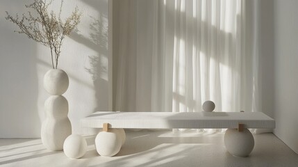 Minimalist interior design showcasing unique furniture and natural elements in a bright, serene space with soft shadows