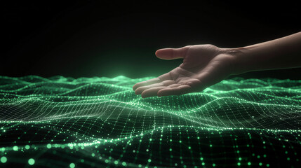 Digital Interaction, Human Hand, Virtual Environment, Graphic Design, Futuristic Setting, Perspective, Technology Concept