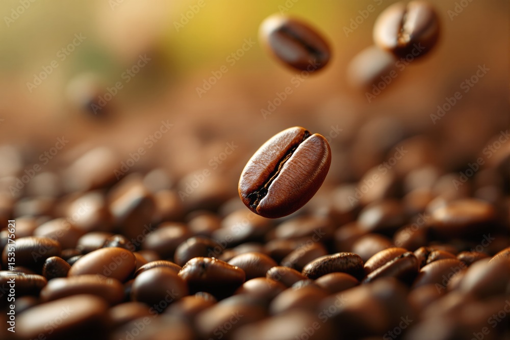 Poster close-up of roasted coffee beans with floating beans in focus.