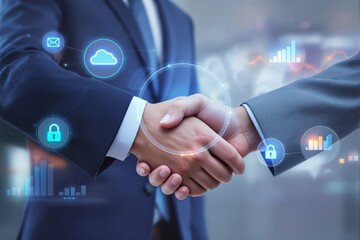 Business handshake with digital technology icons on blurred background.