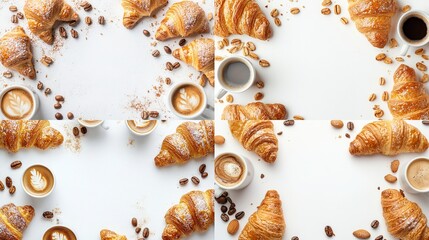 A collage of six images showcasing golden-brown croissants, espresso cups with latte art, coffee beans, and sprinkled cinnamon on a pristine white
