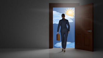 Fototapeta premium Illustrazione 3D. Donna d'affari di fronte a porta aperta da cui si vede il futuro, rappresentato come cielo luminoso, si incammina verso il successo in economia e finanza.