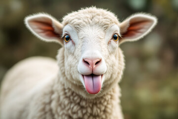 Fototapeta premium Cute sheep with tongue out on blurred natural background.