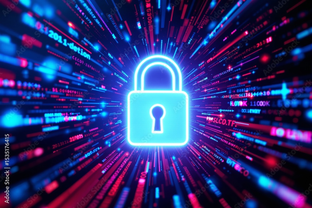 Poster cybersecurity concept with glowing padlock on digital background.