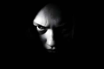 A horror-shadow portrait as if darkness wrapped a stormy brain in sharp focus.