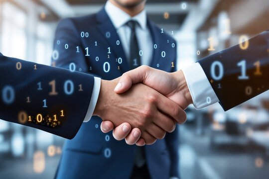 Business handshake with digital binary code overlay in a modern office background.