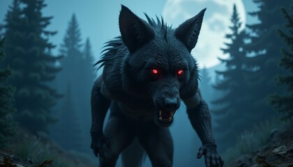 Werewolf with Red Eyes in Dark Forest